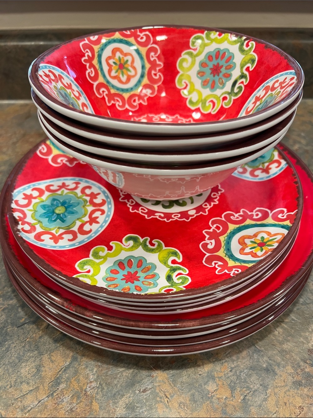 Bright Red Floral Ceramic Dinnerware Set for 4- Home Dining